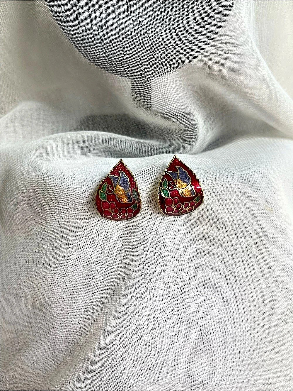Vintage Cloisonne Enamel Curved Teardrop Butterfly and Floral Stud Earrings